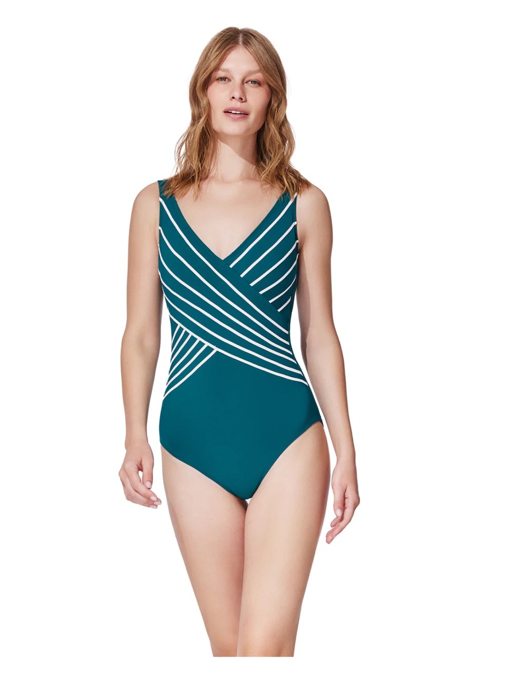 Gottex Teal and White Striped V‑Neck One‑Piece Tummy Control Swimsuit